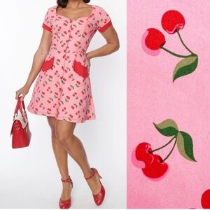 Unique Vintage Pink Denim & Cherry Print Fit & Flare Dress XL 14 NWOT